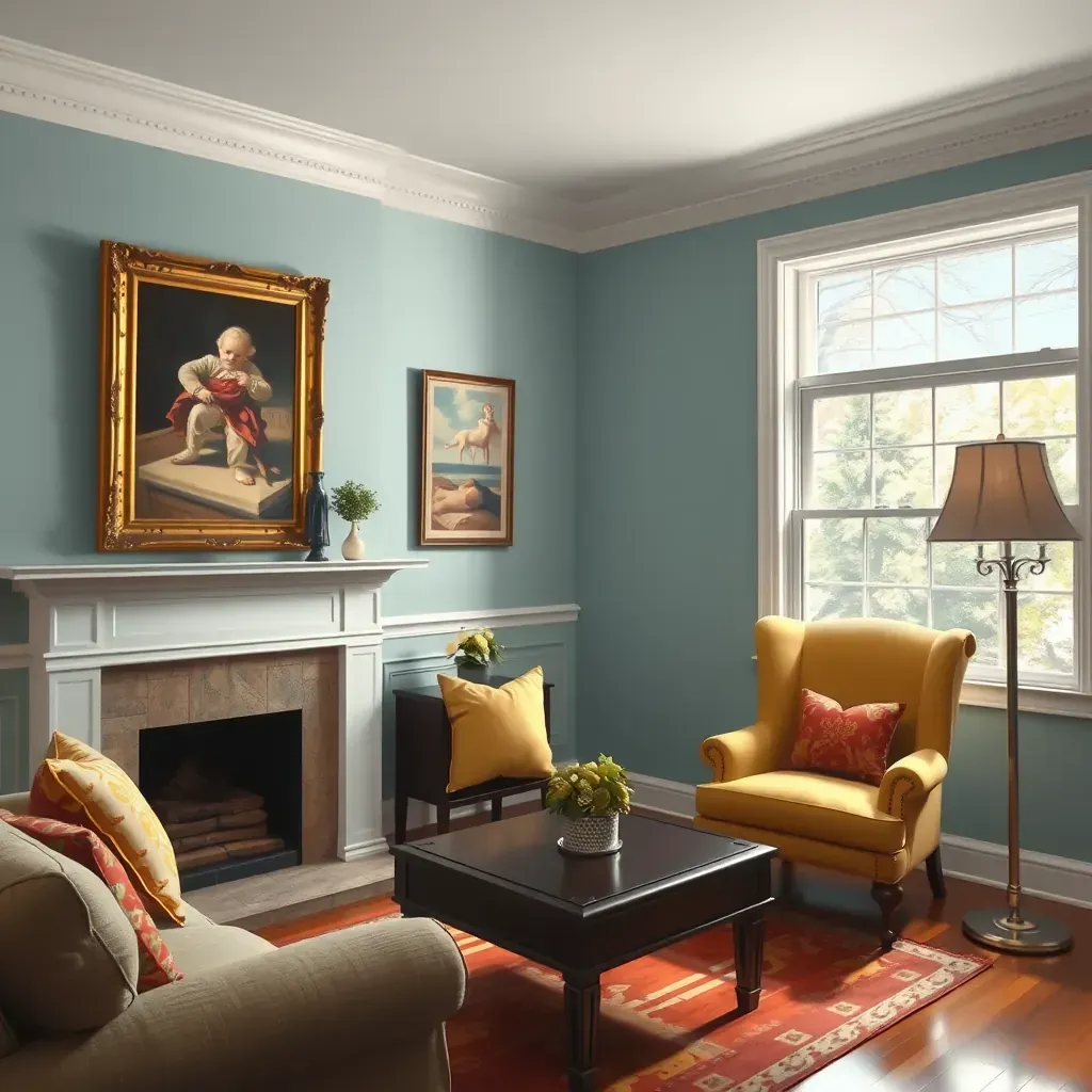 Beautiful Bon Air, VA living room with freshly painted beige walls, hardwood floors, white crown molding, and organized painting tools.