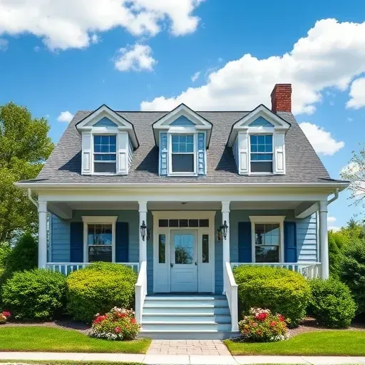 Renovated single-family home in Highland Springs VA with blue and white paint, elegant porch, lush landscaping, and bright sky.
