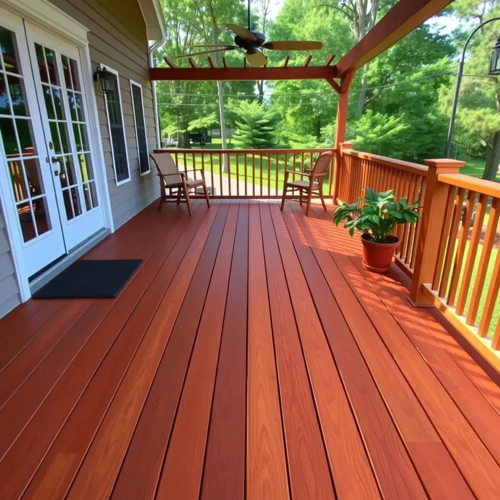 A person staining a wooden deck in a lush Richmond backyard with sunlight, revealing rich wood grains and a fresh glossy finish.