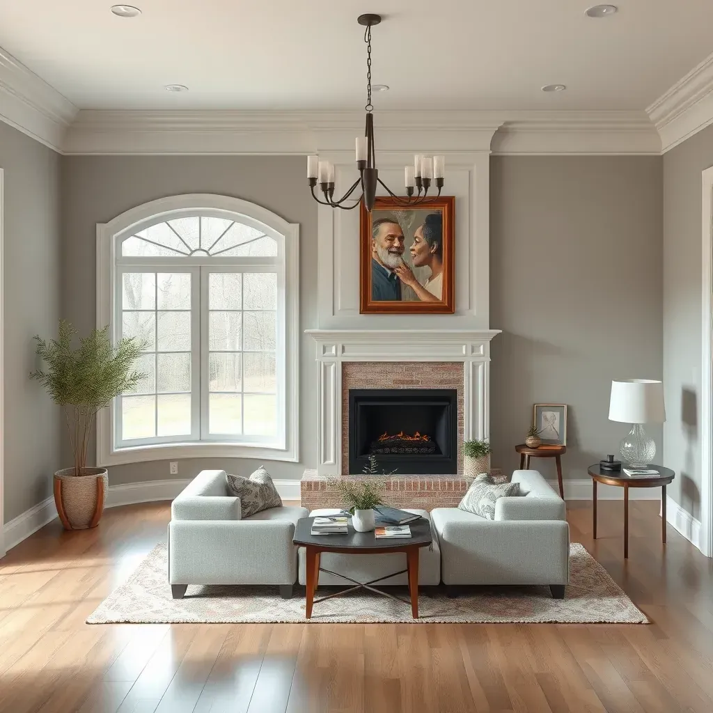 Interior living room in Bellwood, VA with freshly painted neutral walls, white moldings, natural light, and protective coverings.