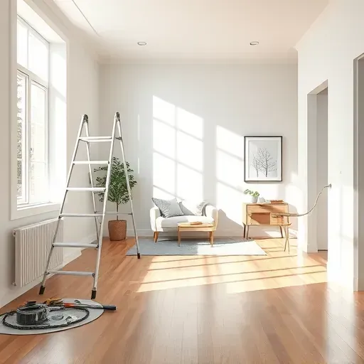 Freshly painted Petersburg, VA interior with smooth neutral walls, natural light, polished floors, neat tools, and modern decor.