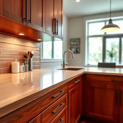Refinished wooden cabinet in a modern Richmond kitchen with glossy surface, natural wood grain, sleek countertops, and natural lighting