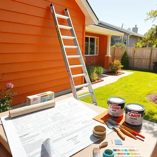 Well-organized painting contractor's workspace in Moseley, VA with painted home, ladder, paint cans, brushes, and lush yard.