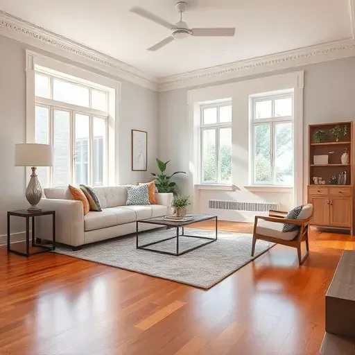 Freshly painted living room in Richmond VA features neutral walls, modern furniture, and polished hardwood flooring.