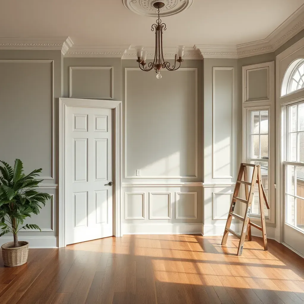 Interior of a freshly painted living room in Ashland, VA, with beige walls, hardwood floors, large windows, and elegant decor.