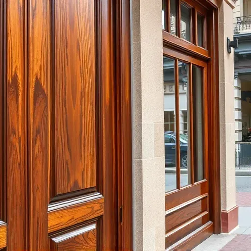 Restored wooden door and window frames with rich stain tones on historic building facade in Richmond VA highlighting craftsmanship