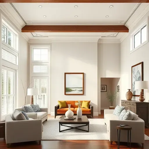 Beautifully painted neutral living room in Goochland VA with modern furniture, natural light, wooden beams, and elegant decor