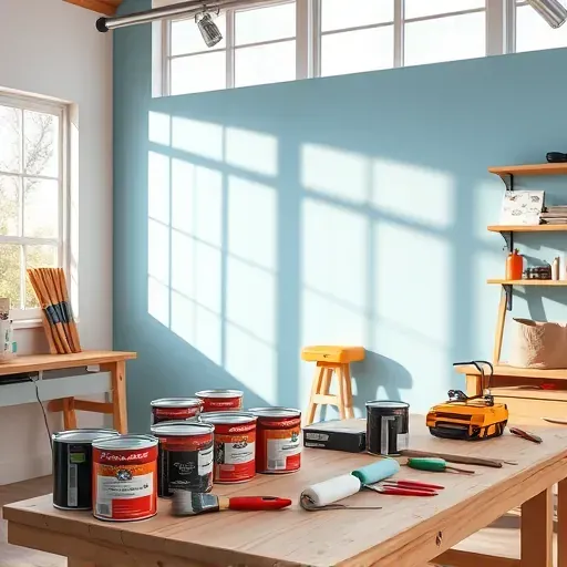 Well-organized Quinton, VA painting workshop with fresh paint cans, brushes, rollers, and a smooth painted wall.