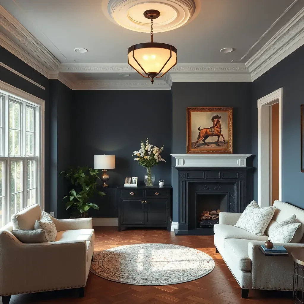 Interior living room with fresh beige walls, modern furniture, and painting supplies in Highland Springs, VA.