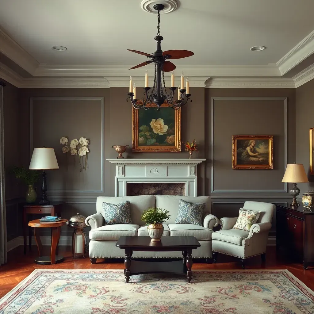 Renovated Colonial Heights living room with beige walls, white crown molding, hardwood floors, and elegant chandelier.