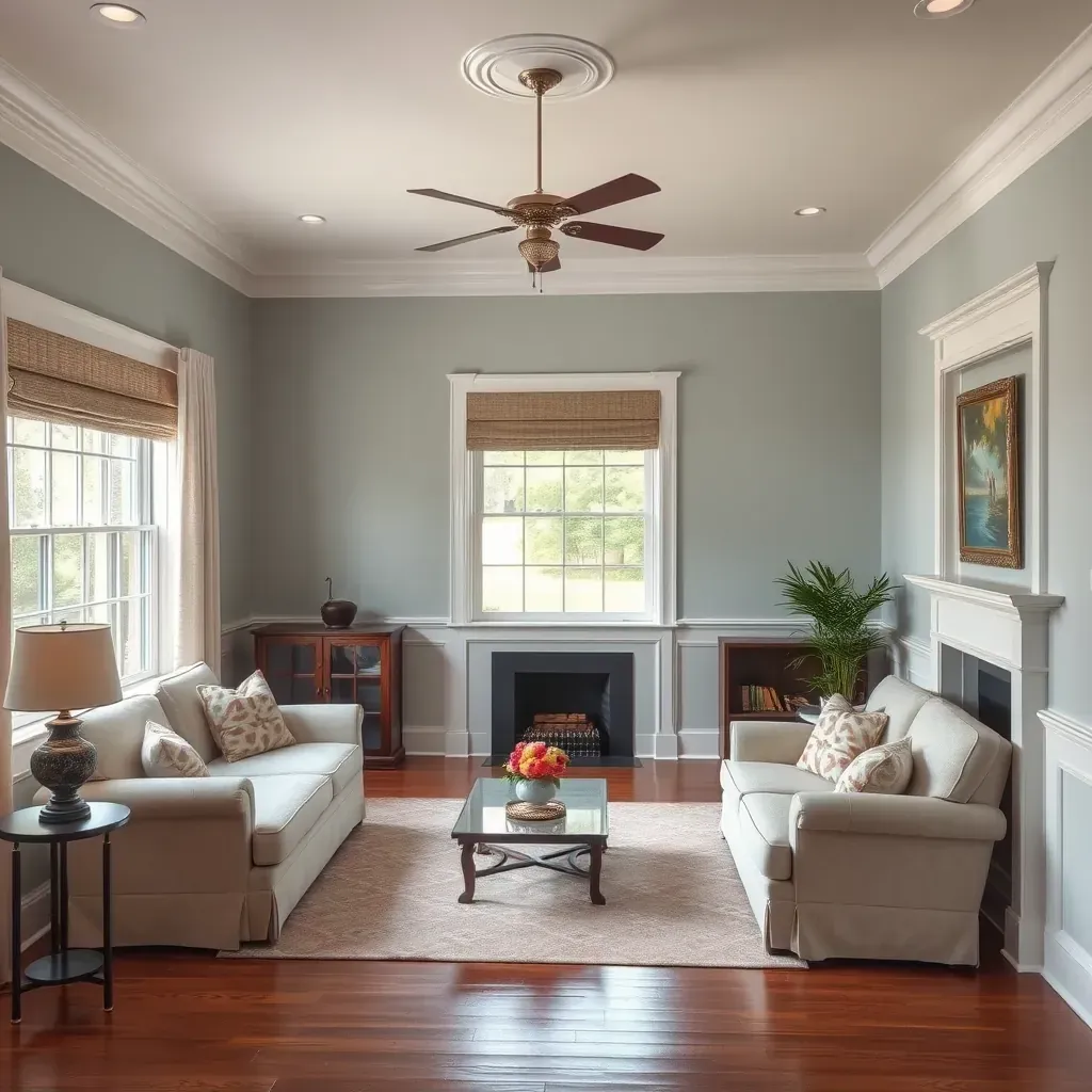 Interior of a cozy Ashland, VA living room featuring freshly painted sage green walls, hardwood floors, and natural sunlight.