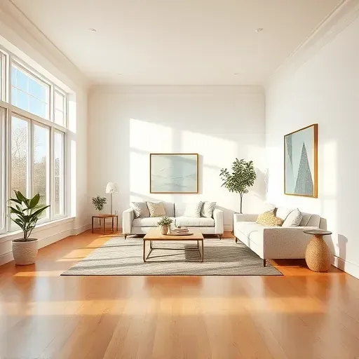 Interior of a freshly painted living room in Bon Air, VA with warm neutral tones, natural light, hardwood floors, and modern decor.