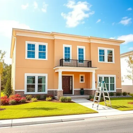 Modern residential building in Sandston, VA with vibrant neutral painted walls, lush landscaping, and clear blue sky.