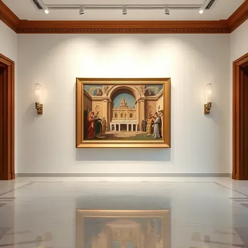 Restored church painting in a Richmond gallery with vibrant colors, fine details, wooden frame, marble floor, and soft lighting