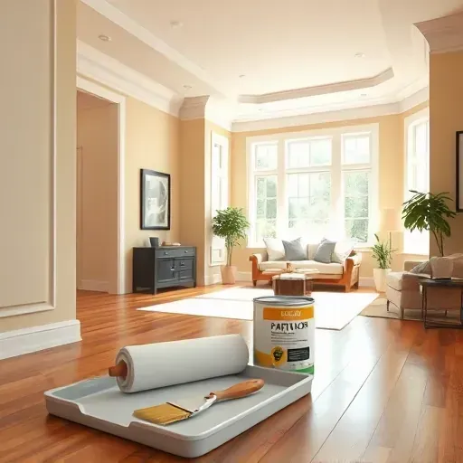 Freshly painted warm-tone interior wall in Atlee, VA, with a paint can, brushes, and modern tools in a bright, elegant room.