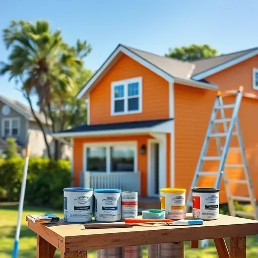 Painting contractor’s workspace in East Highland Park, VA, showing tools, painted house, lush greenery, and bright natural light.
