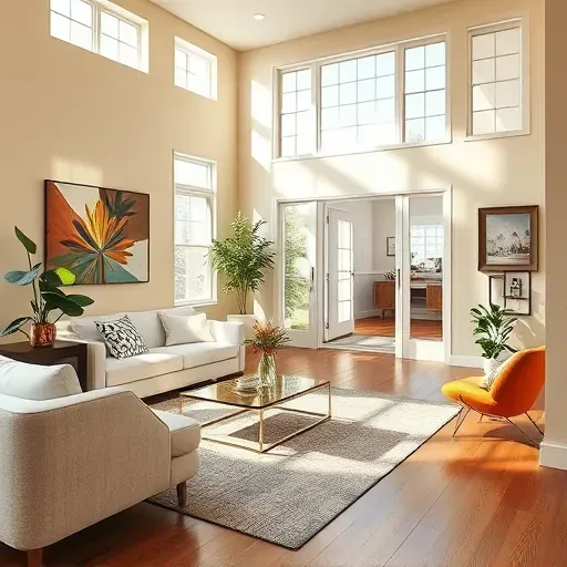Modern Bon Air living room with beige walls, large windows, stylish furniture, artwork, plants, and hardwood floors.