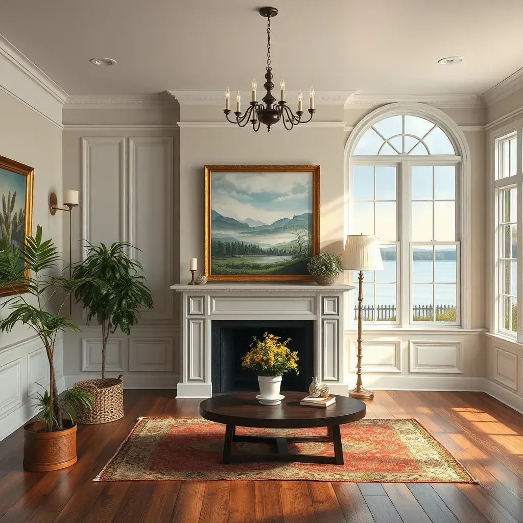 Serene Lakeside, VA interior with neutral walls, natural light, modern furniture, polished hardwood, hints of recent painting.