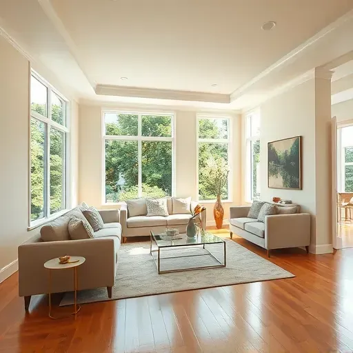 Finished interior painting in Atlee, VA: modern living room with neutral walls, polished hardwood, elegant furniture, and natural light.