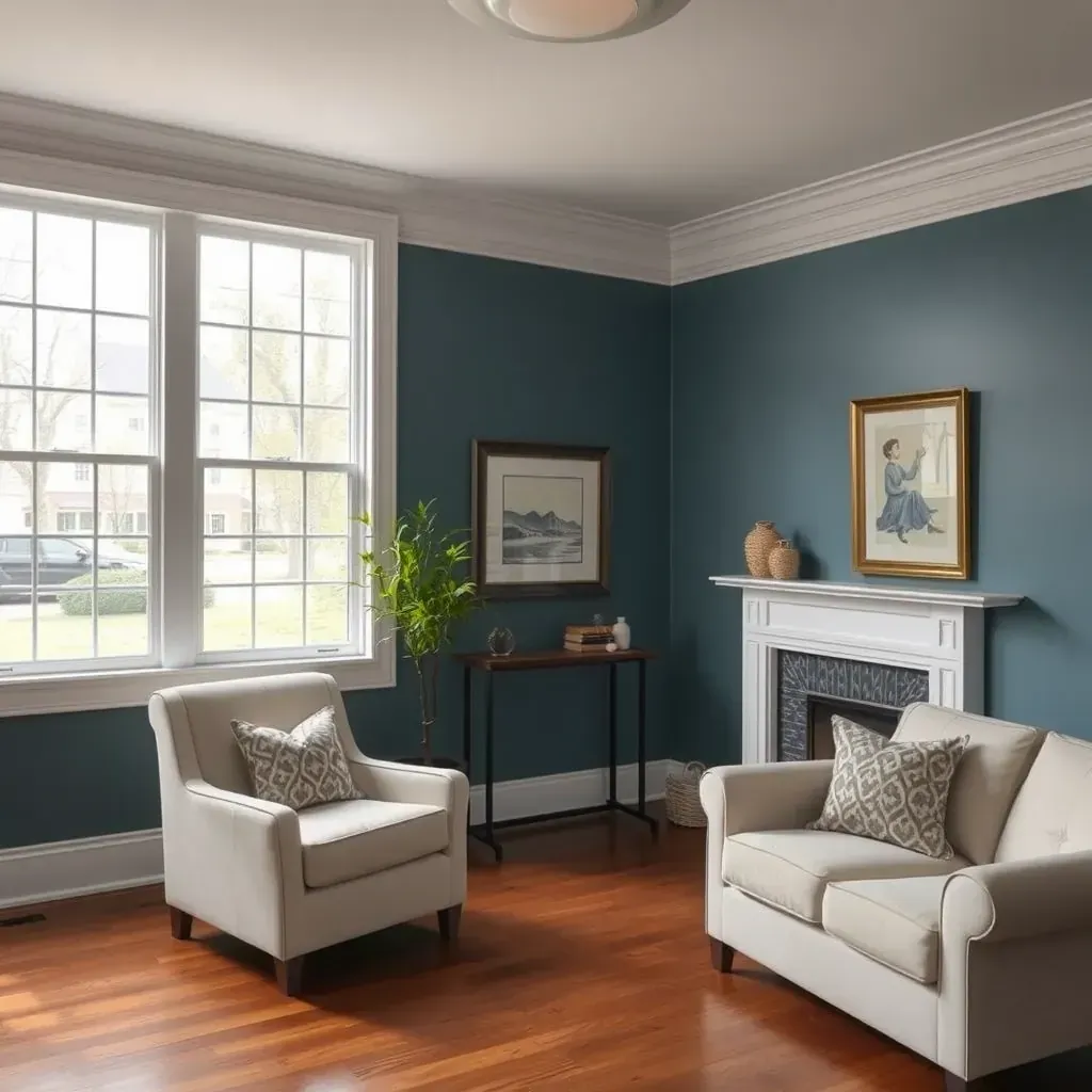 Interior of a Sandston, VA living room with freshly painted neutral walls, polished hardwood floors, and organized paint supplies.