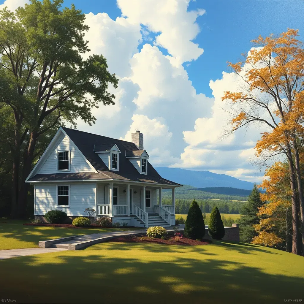 Detailed painting of Meadowbrook, VA featuring wildflowers, green trees, a winding dirt path, and a bright blue sky.