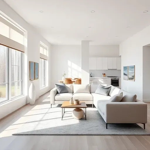 Bright modern living room with white walls, large windows, stylish furniture, and an open kitchen in Atlee VA