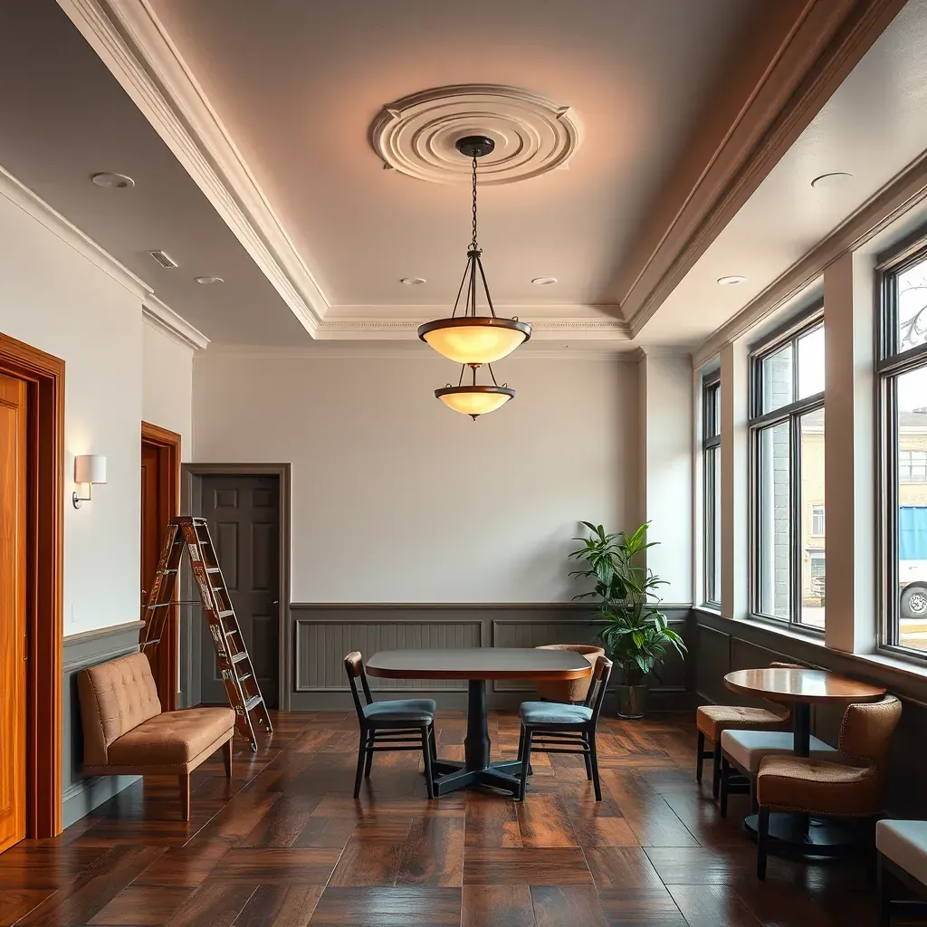 Spacious Richmond commercial interior with vibrant blue walls, large windows, modern decor, and professional painting details.