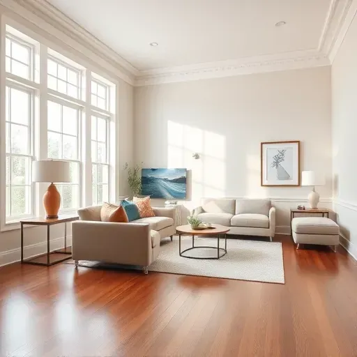 Completed interior painting in Henrico VA with modern living room, neutral walls, elegant moldings, and natural light.