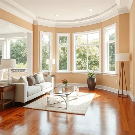 Bright renovated Moseley, VA living room with warm beige walls, modern moldings, hardwood floors, and natural light.