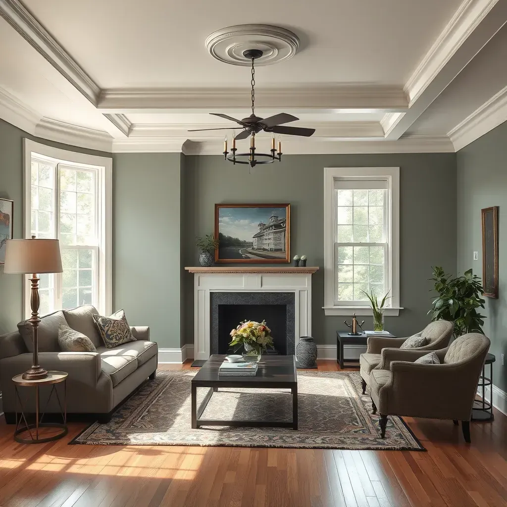 Bright, freshly painted neutral living room in Meadowbrook, VA, with light reflections, ladder, paint can, and painter's tape.