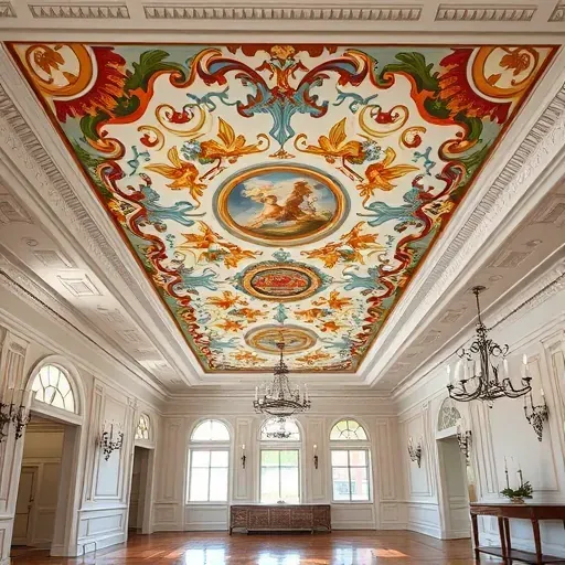 Detailed ceiling painting in Richmond VA with intricate artwork, ornate moldings, vintage chandeliers, and elegant architecture