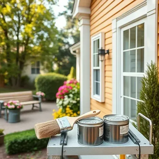 Freshly painted home exterior in New Kent, VA, with neutral-toned walls, organized painting tools, lush garden, and natural daylight.