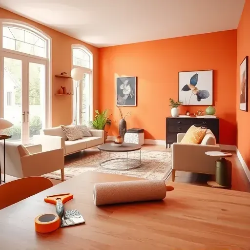 Bright, freshly painted living room in Tuckahoe, VA with vibrant walls, tools, and sunlit elegance.