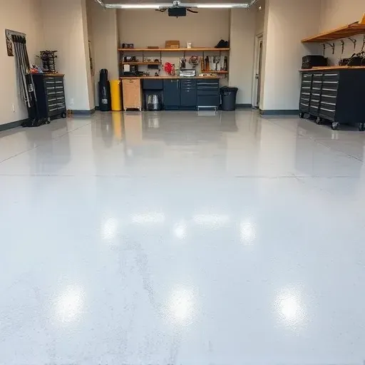 Flawlessly finished glossy epoxy garage floor in Richmond VA with reflective surface, neutral walls, organized storage, and professional craftmanship