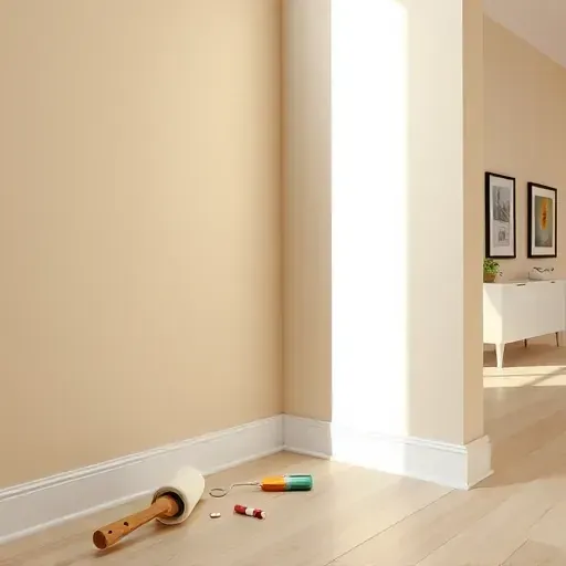 Freshly painted beige interior wall in Sandston, VA, with quality tools, soft natural light, and modern decor.
