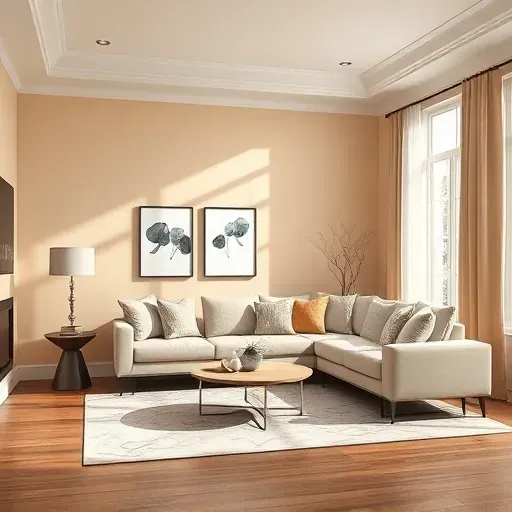 Freshly painted modern living room in Short Pump VA with neutral walls, crown molding, cozy sofa, hardwood floors, and natural light