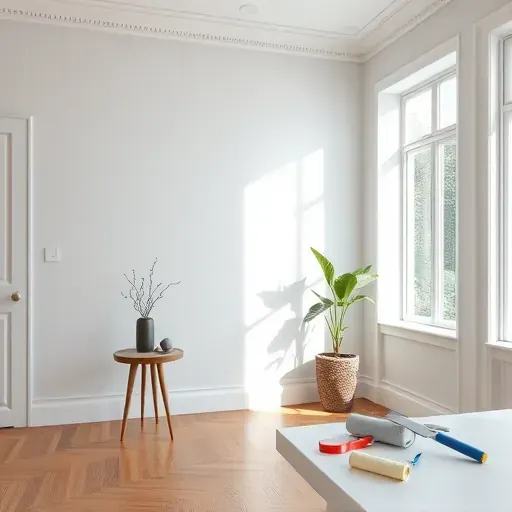 Freshly painted modern interior wall in Bensley VA with smooth finish, organized workspace, stylish decor, natural light and polished floors