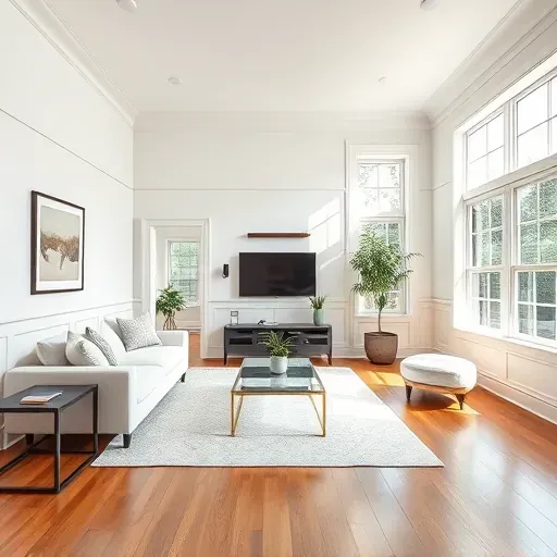 Bright modern living room in Henrico, VA with freshly painted neutral walls, natural light, sleek furniture, and polished hardwood floors.