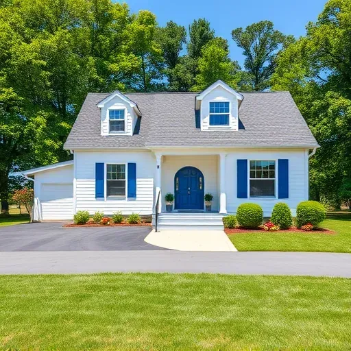 Completed residential home in Manakin Sabot VA with white siding, blue trim, and vibrant flower beds under a clear sky.