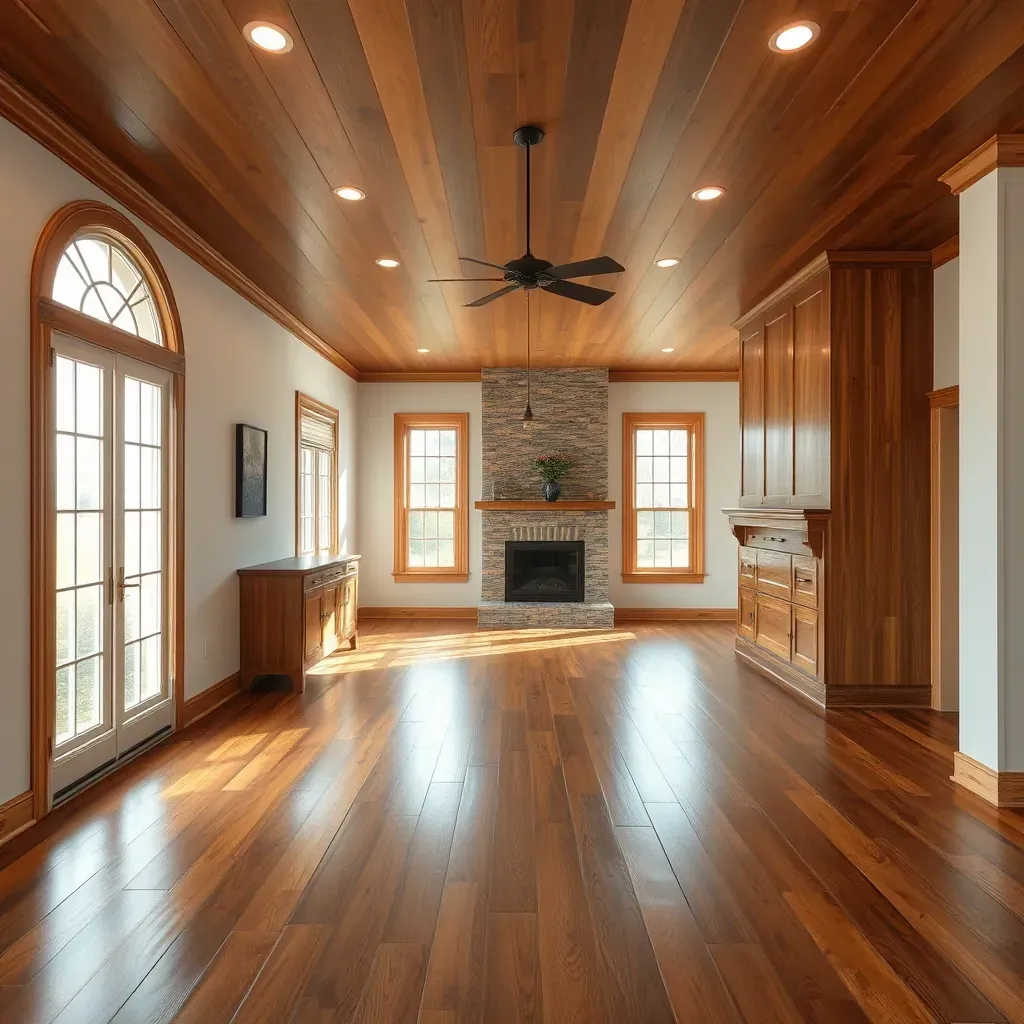 Wood staining in Richmond, VA: applying fresh stain to wood surface with greenery and historic brick buildings in background.