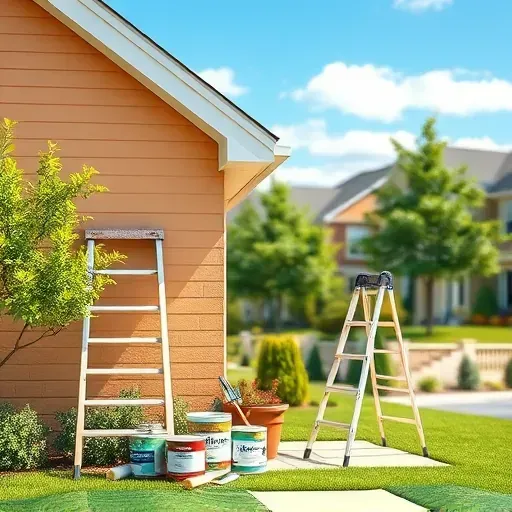 Finished exterior house painting in Montrose, VA with vibrant earth tones, tools, and a serene neighborhood background.