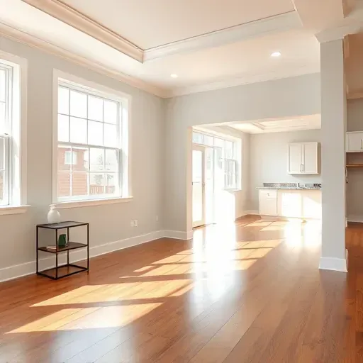 Bright modern interior with flawless walls, hardwood floors, natural sunlight, crown molding, and open kitchen view in Innsbrook