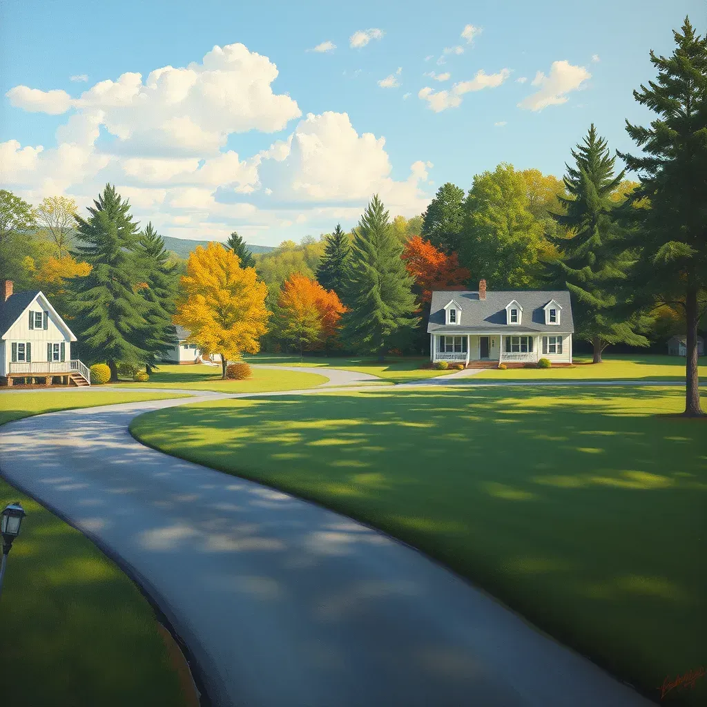 Serene Highland Springs, VA landscape with rolling hills, lush greenery, natural creek, and warm golden-hour lighting.