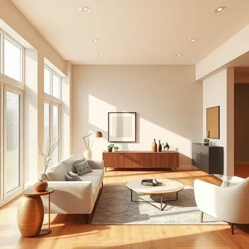 Interior modern living room in Moseley, VA with warm neutral painted walls, natural light, sleek furniture, and hardwood floors.