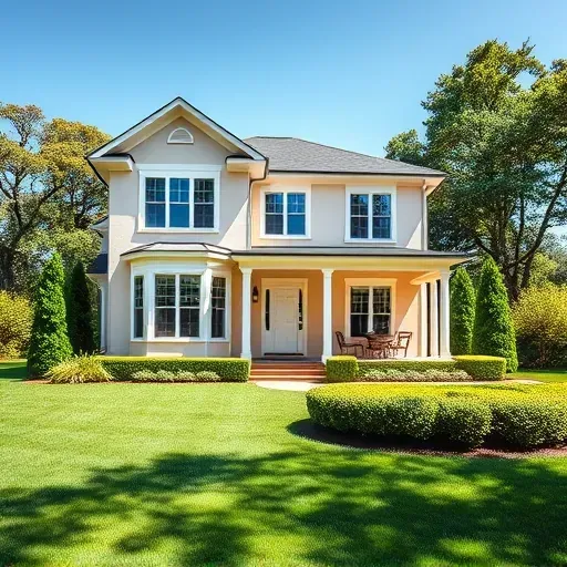 Newly painted luxury two-story home in Innsbrook VA with beige and white hues and a manicured yard surrounded by trees.