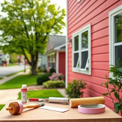 Freshly painted vibrant home in Tuckahoe, VA, with neat tools, lush lawn, and serene neighborhood background.