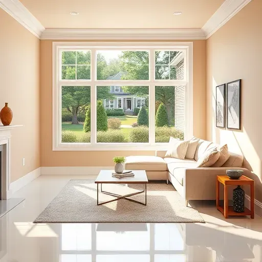 Modern living room in Varina, VA with warm neutral walls, natural light, stylish furniture, and lush garden view.