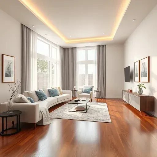 Modern living room in Henrico VA with pristine painted walls, hardwood flooring, sleek decor, natural light, and stylish minimalist furnishings