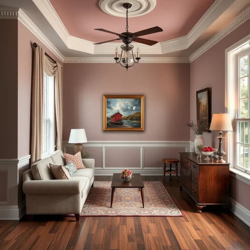 Interior of a renovated Ashland, VA living room with soft beige walls, hardwood floors, large windows, and modern furniture.