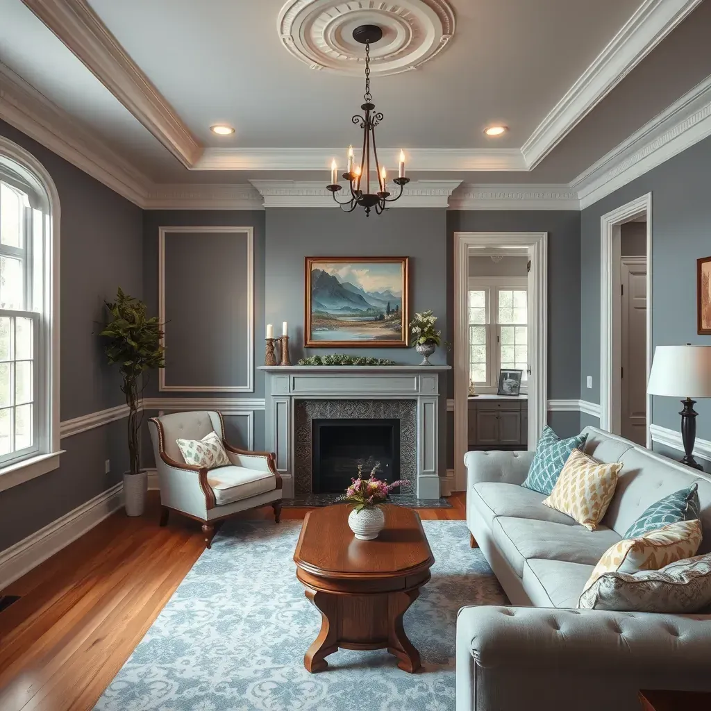 Interior living room in Midlothian, VA with taupe walls, hardwood floor, large windows, and modern decor accents.
